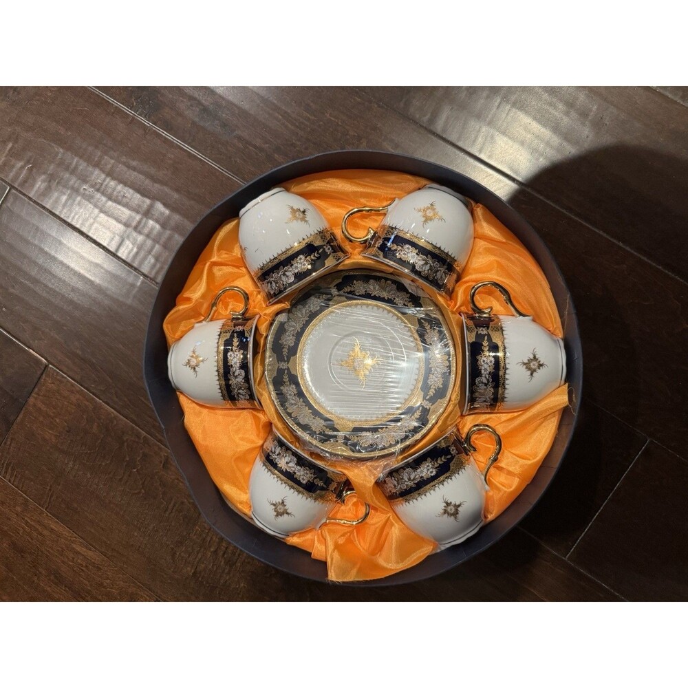 12 PCs  Vintage Czech Republic MZ Cobalt Blue 24 K Gold Plated Porcelain Tea Set